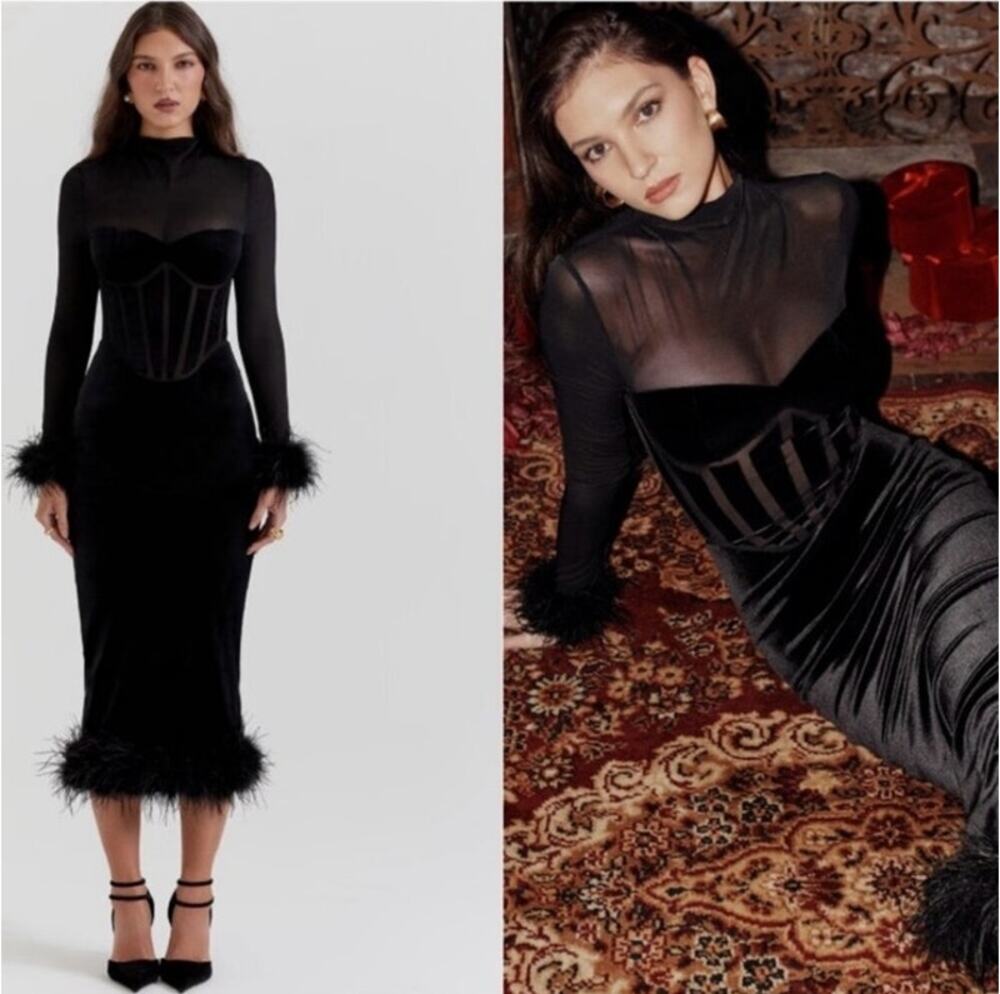 NWT House of CB Lianna Feather Trim Velvet Corset Midi Dress
